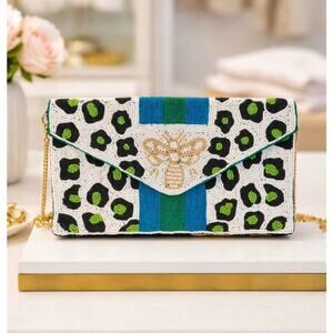 Kay Lee Leopard Bee Whute Blue Beaded Enevlope Bag NWT